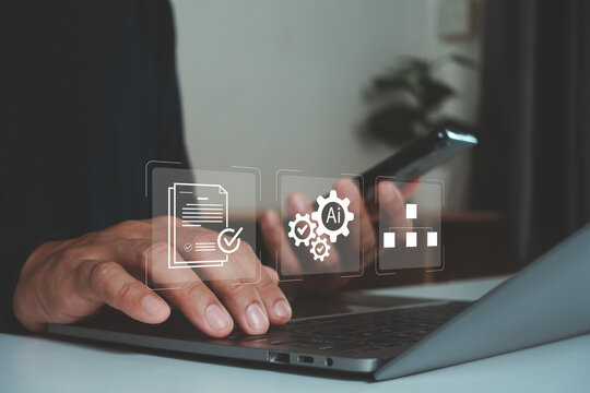 AI automation concept with digital document management, workflow optimization, smart business process on laptop and smartphone. Artificial intelligence improves productivity, compliance, efficiency.