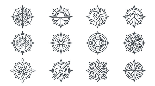 Set of 12 Unique Compass Rose Icons with Nature and Abstract Designs