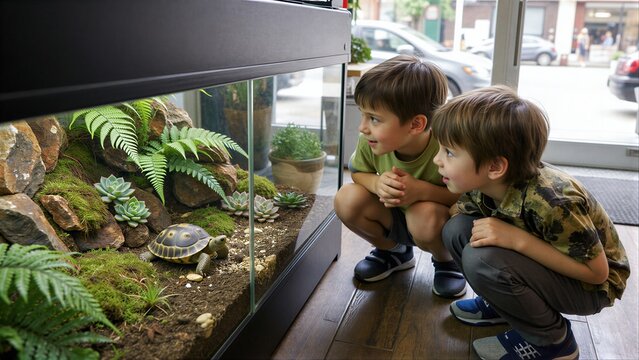 Two boys curiously watch a turtle in a lush, green terrarium.