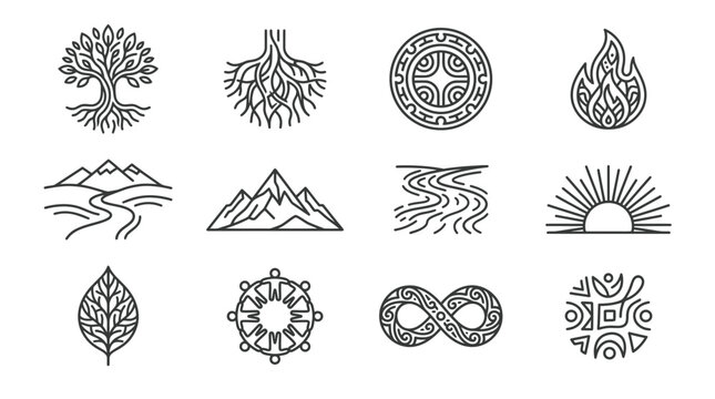 Set of 12 Line Art Icons: Nature, Spirituality, Elements, and Symbols