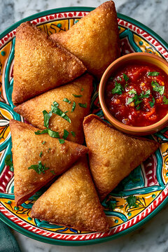Moroccan briwat pastries with spicy tomato dipping sauce