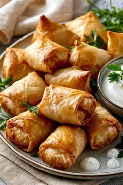 Golden briwat pastry with yogurt dip and parsley