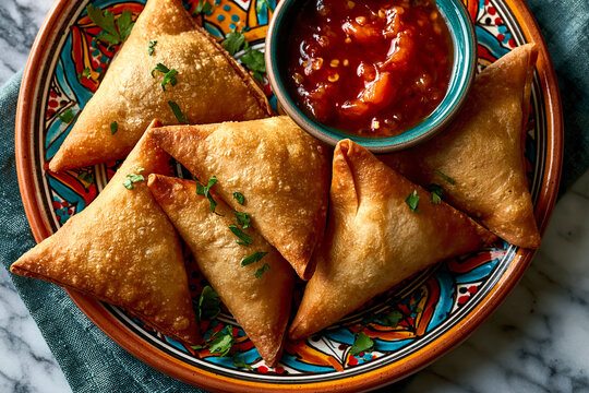 Moroccan briwat pastry with spicy dip on ceramic plate