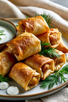 Crispy briwat pastry with dip, Moroccan oriental food