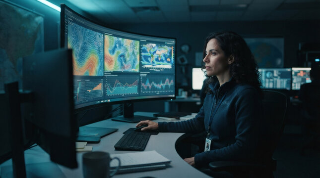 Meteorologist analyzing AI weather prediction model on large curved monitor, atmospheric pressure maps and precipitation forecasts visible on screen, hand adjusting simulation parameters, modern 