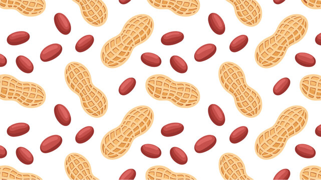 Peanut pattern flat vector illustration. Textured whole pod shells and scattered raw red kernels create a seamless organic snack design.