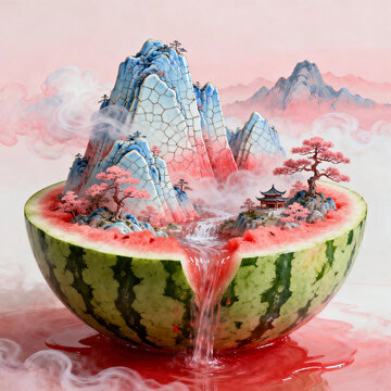 Mini Chinese Landscape Mountain Pavilion Inside Watermelon Slice