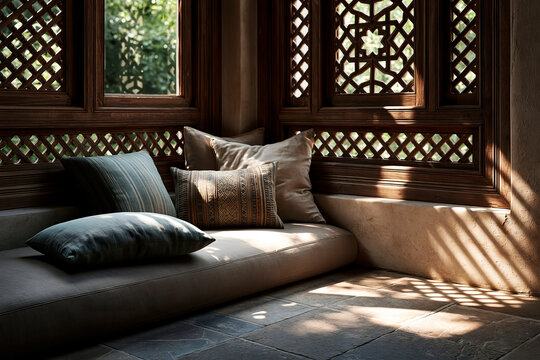 Traditional Arab mashrabiya window and majlis seating