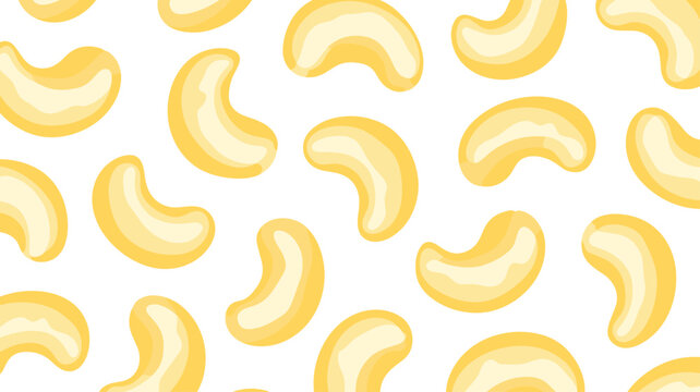 Cashew nuts flat vector illustration. Many scattered golden kernels form a repetitive pattern of healthy organic snack food elements.