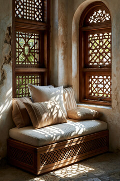 Sunlit Arab lattice window seat in Muslim interior