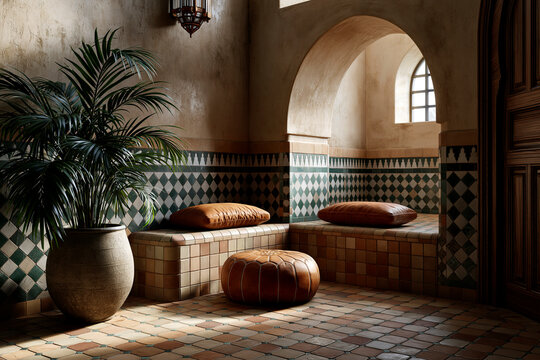 Traditional Arab interior with arch, zellige tile and palm