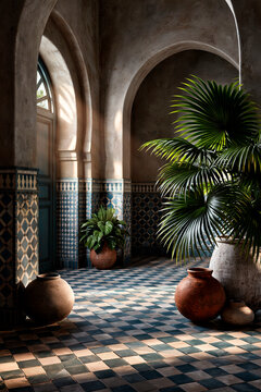 Sunlit Arab courtyard with arches, tilework and palm