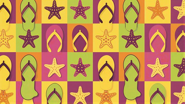 Colorful flip-flops and starfish pattern in a vibrant, repeating tile design.