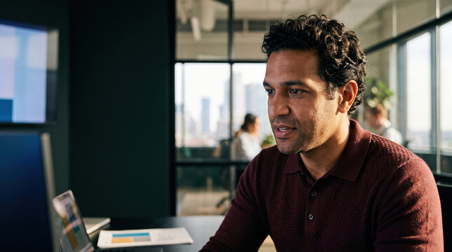 Man work at computer in modern urban office building