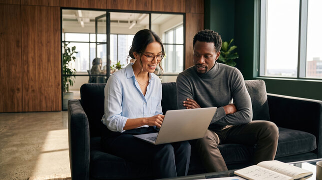 Business colleagues discuss project details on laptop in office