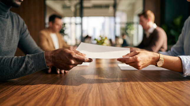 Business colleagues exchange document across office meeting table