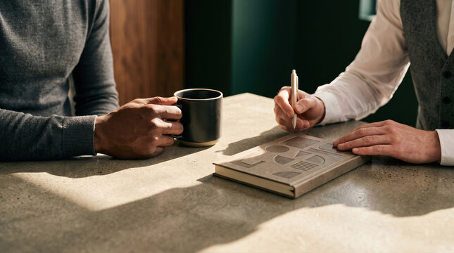 Two businessmen discuss business ideas over coffee at table