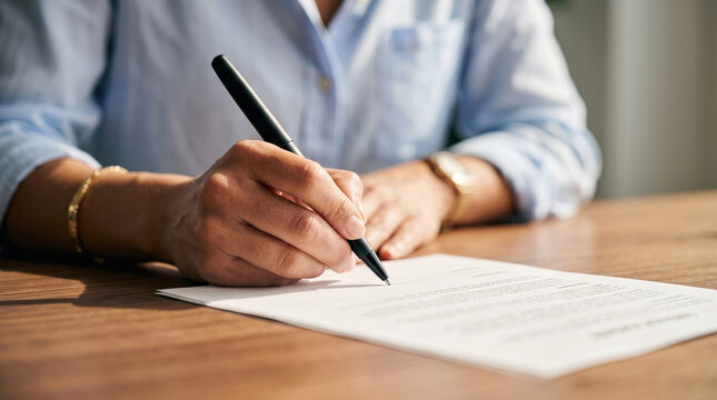 Businesswoman sign document at desk in sunlit office