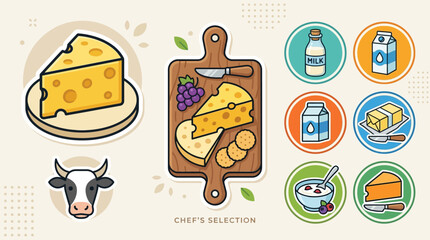Fototapeta premium Flat vector cheese wedge collection featuring dairy products on a wooden serving board