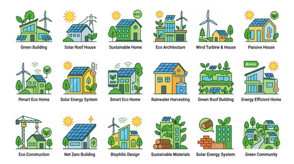 Fototapeta premium Flat vector green building icon set showcasing sustainable architecture and clean energy