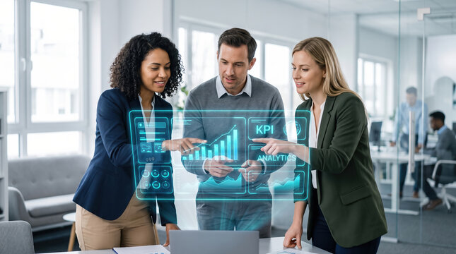 Business Team Analyzing KPI Dashboard Hologram