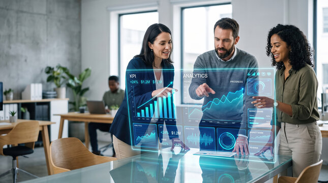 Business Team Analyzing KPI Dashboard Hologram