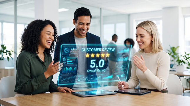 Team Celebrating Five Star Review Hologram