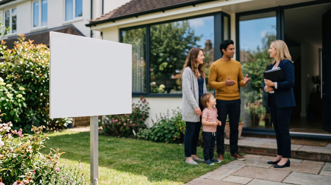 For Sale Sign with Family at Home Exterior