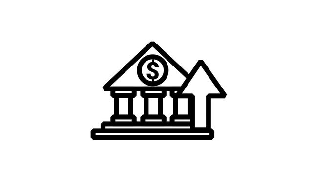 Bank Building Growth Animated Icon. Animated line icon depicting bank building with upward arrow representing financial growth, institutional banking, and economic expansion.