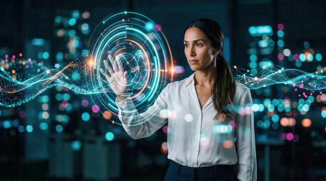 Woman Interacting with Circular Hologram