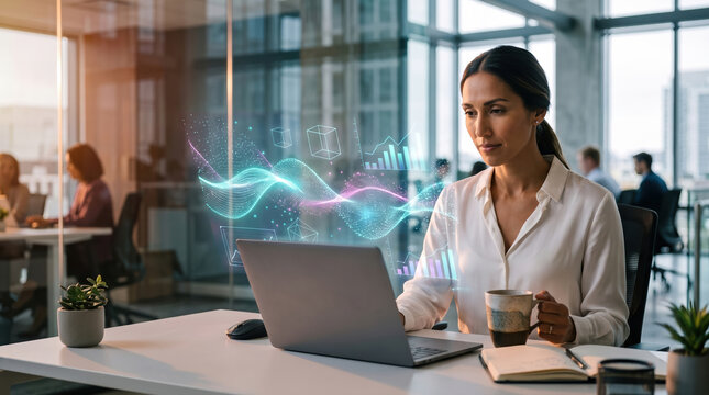Analyst with Coffee and Holographic Graph