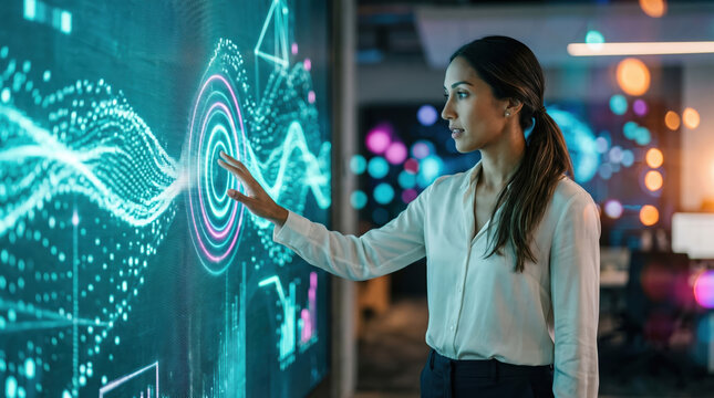 Woman Touching Interactive Data Wall
