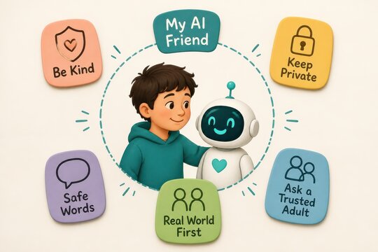 Child and friendly AI robot promoting online safety and trusted guidance
