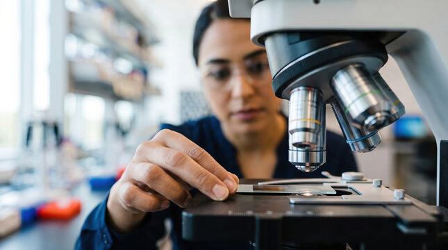 Scientist examining sample under microscope in laboratory