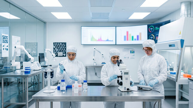 Scientist group works in laboratory with equipment and data screens