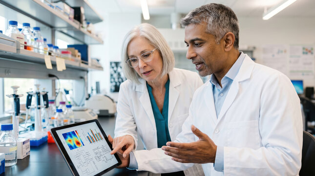 Scientists review lab research data on a tablet together