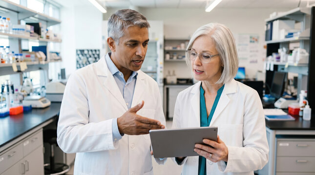 Scientists discuss research results on tablet in modern lab