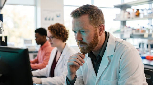 Scientist team analyze data on computers in modern lab