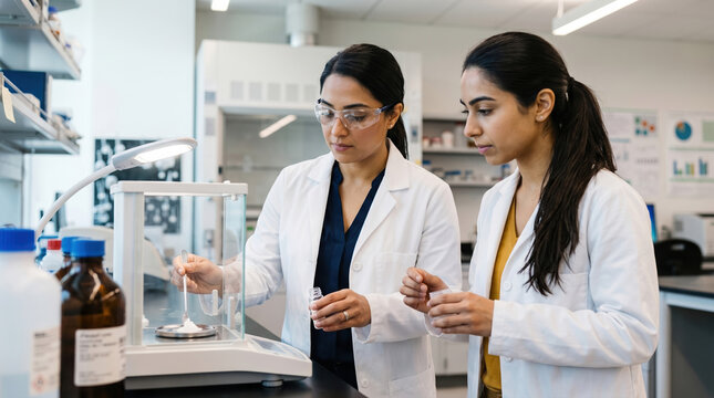 Two female scientist weighing sample on balance scale in lab