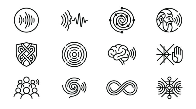 Sound wave icons, audio signals, noise, brain waves, infinity symbol, shield, community, disable signal