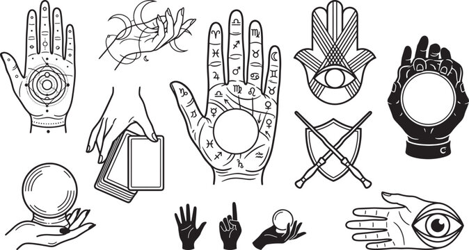 Esoteric and mystical hand symbols, palmistry charts, crystal balls, and tarot cards in black and white line set