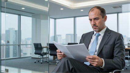 Fototapeta premium Man in suit reads documents in modern office with city view through large windows.