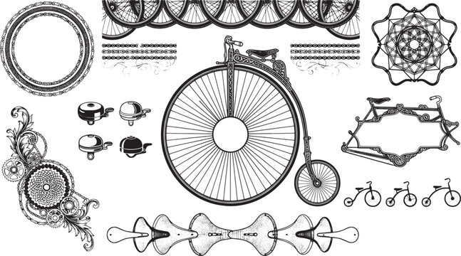 Vintage bicycle parts collection featuring large penny farthing wheel, handlebars, bells, frames, and intricate decorative ornaments