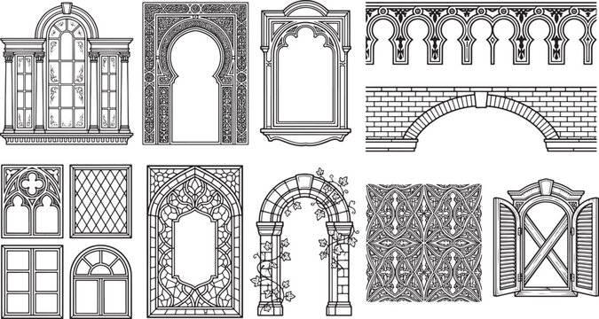 Collection of architectural window arches, and decorative building in a black and white line style architecture