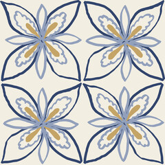 Fototapeta premium Navy Blue and Gold Flower Tile Seamless Pattern on Ivory Background