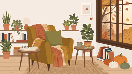 Fototapeta premium Cozy autumn living room interior with armchair house plants and pumpkins by the window, halloween season decoration.
