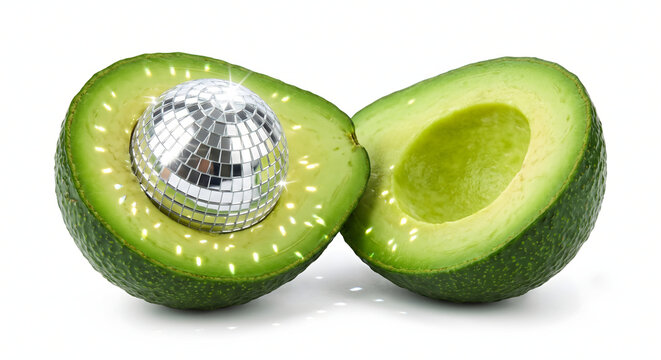 Creative avocado cut in half with a sparkling disco ball