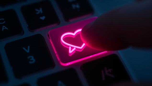 ネオンピンクに光るハートメッセージアイコンキーを指で押す愛のチャット写真