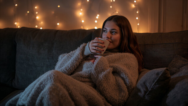 ソファで膝掛け毛布に包まり海外ドラマを見るソロ女性のくつろぎ写真