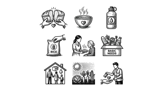 Food bank and humanitarian relief icon set, bread soup water rice basic needs, for charity donation graphics, vintage engraved style , vector illustration